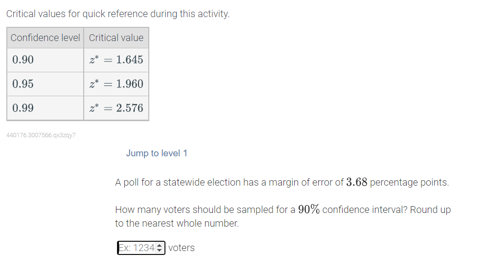 Critical values for quick reference during this activity. Condence level Critical