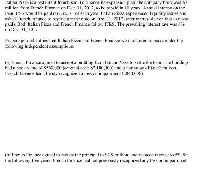 Accounting Italian Pizza is a restaurant franchisor. To finance its expansion plan,