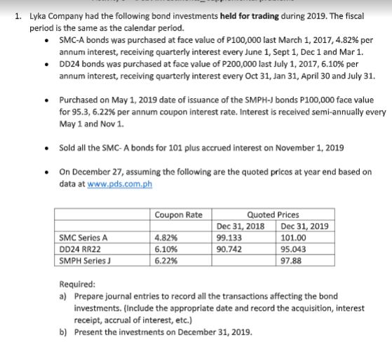 Lvka Company had the following bond investments held fortrading during 2019. The