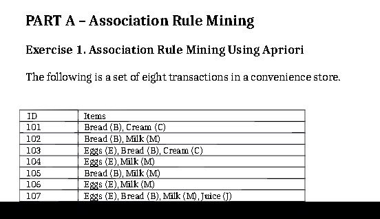 PART A - Association Rule Mining Exercise 1. Association Rule Mining
