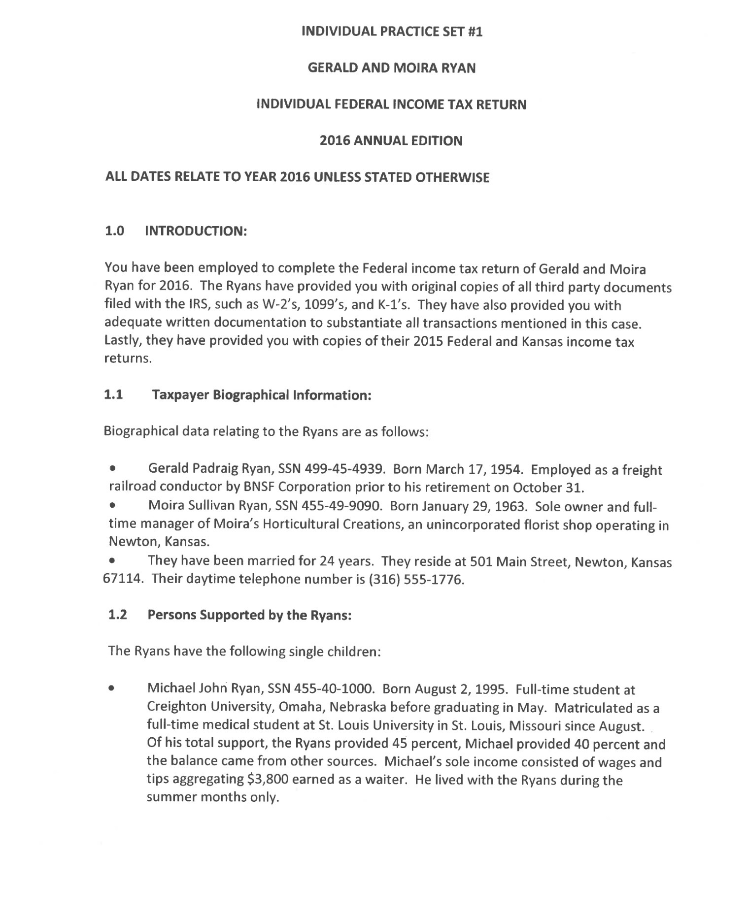  INDIVIDUAL PRACTICE SET # 1 GERALD AND MOIRA RYAN INDIVIDUAL FEDERAL