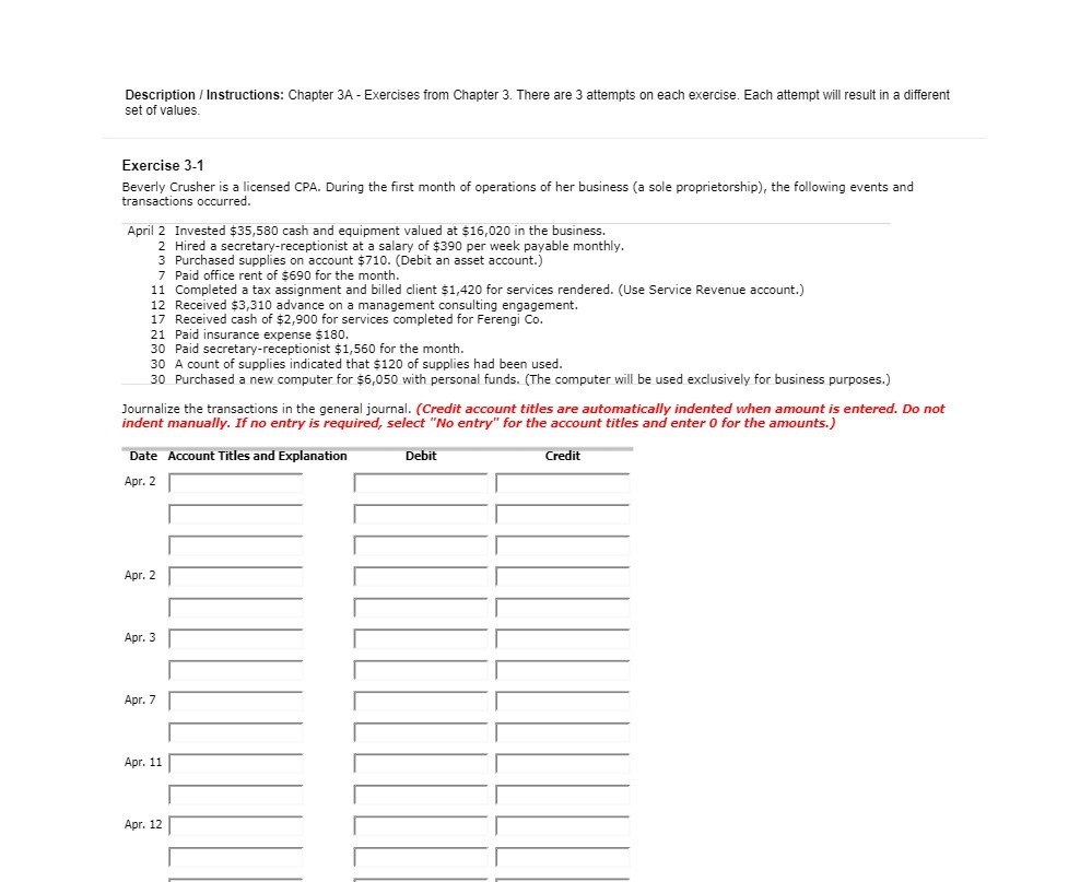  Description / Instructions: Chapter 3A - Exercises from Chapter 3. There