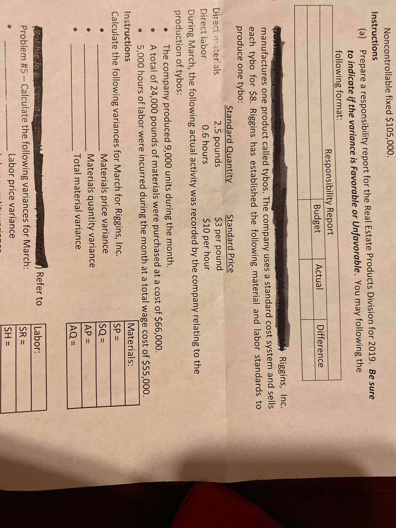  Noncontrollable fixed $105,000. Instructions (a) Prepare a responsibility report for the