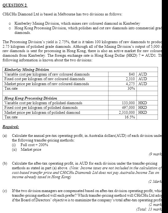 QUESTION 2 CHiCHu Diamond Ltd is based in Melbourne has two