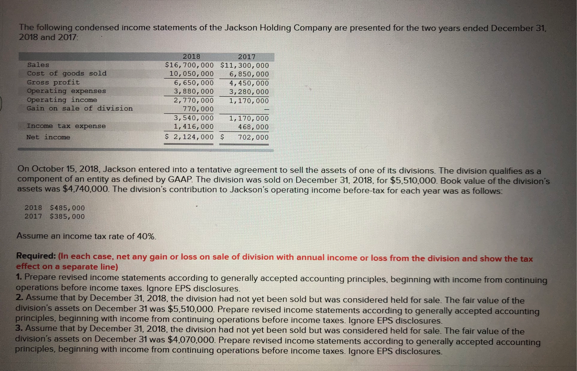 doing wrong The following condensed income statements of the Jackson Holding Company