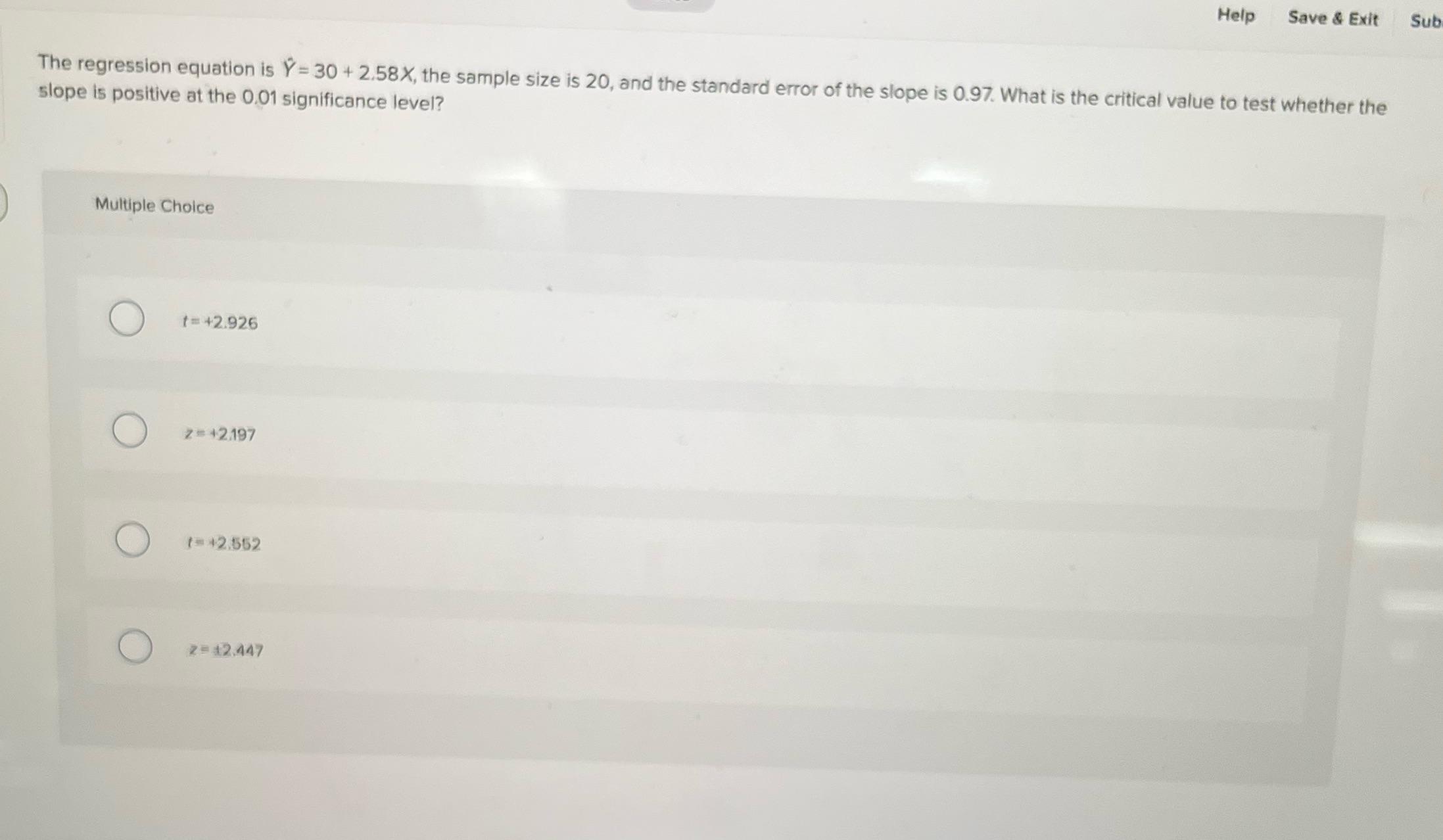 Help Save & Exit Sub The regression equation is Y= 30