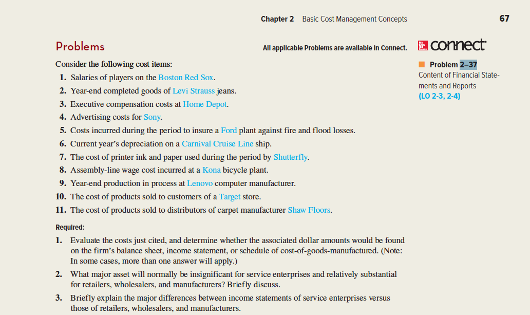 Chapter 2 Basic Cost Management Concepts 6? Problems NIappltcahleProemsareavattahtem connect. a