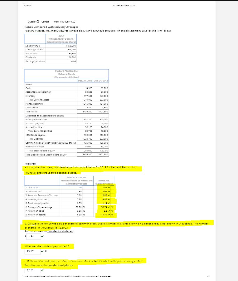  MT. MRC 2126 ATa Ch. 12 Question 2 Correct Mark 1.00
