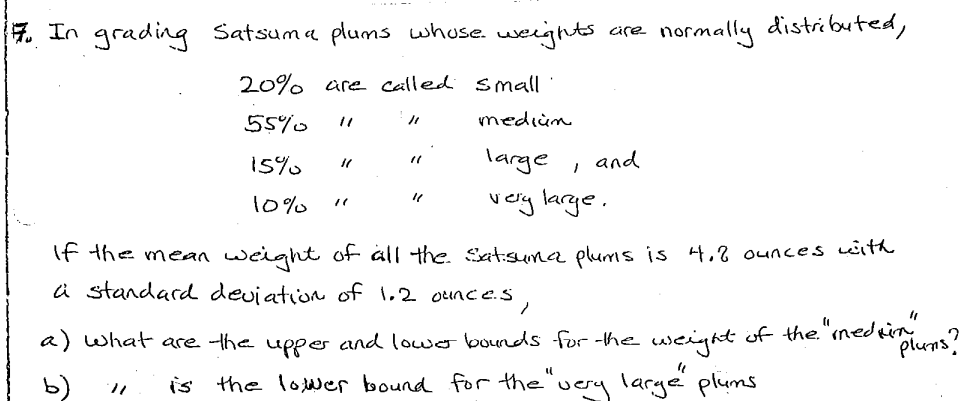 F. In grading Satsuma plums whose weights are normally distributed, 20%