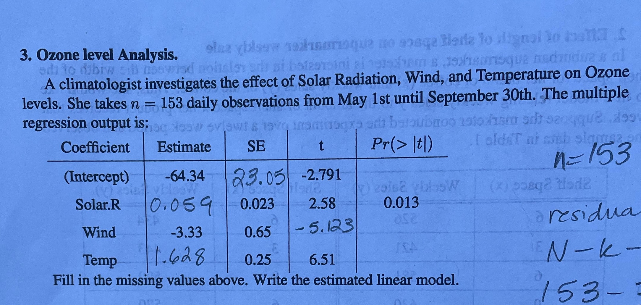 Need help determining missing p values please 3. Ozone level Analysis. A