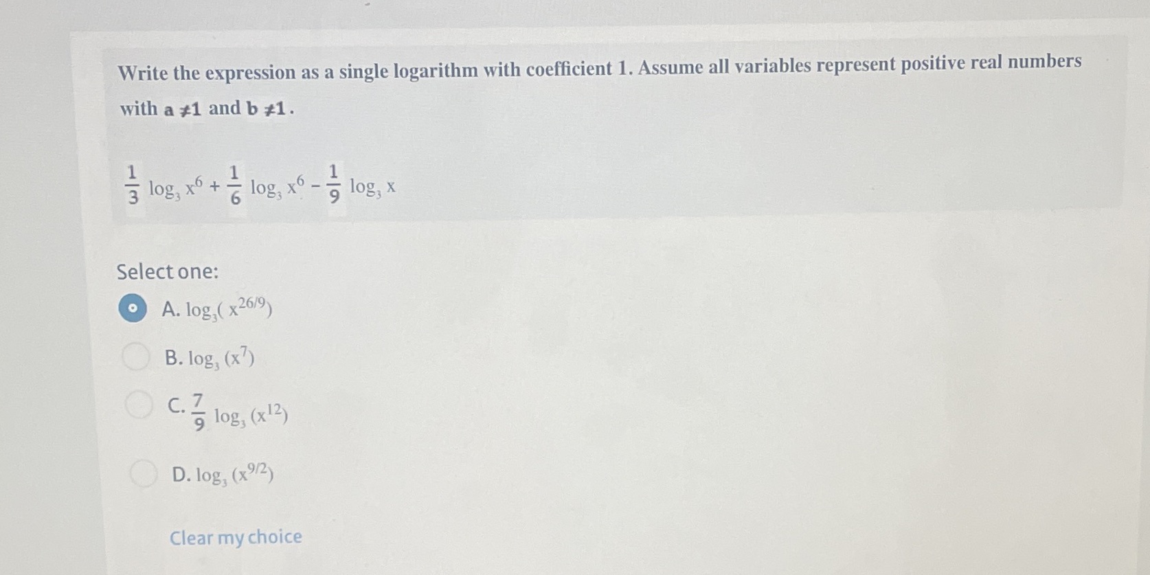  Write the expression as a single logarithm with coefficient 1. Assume
