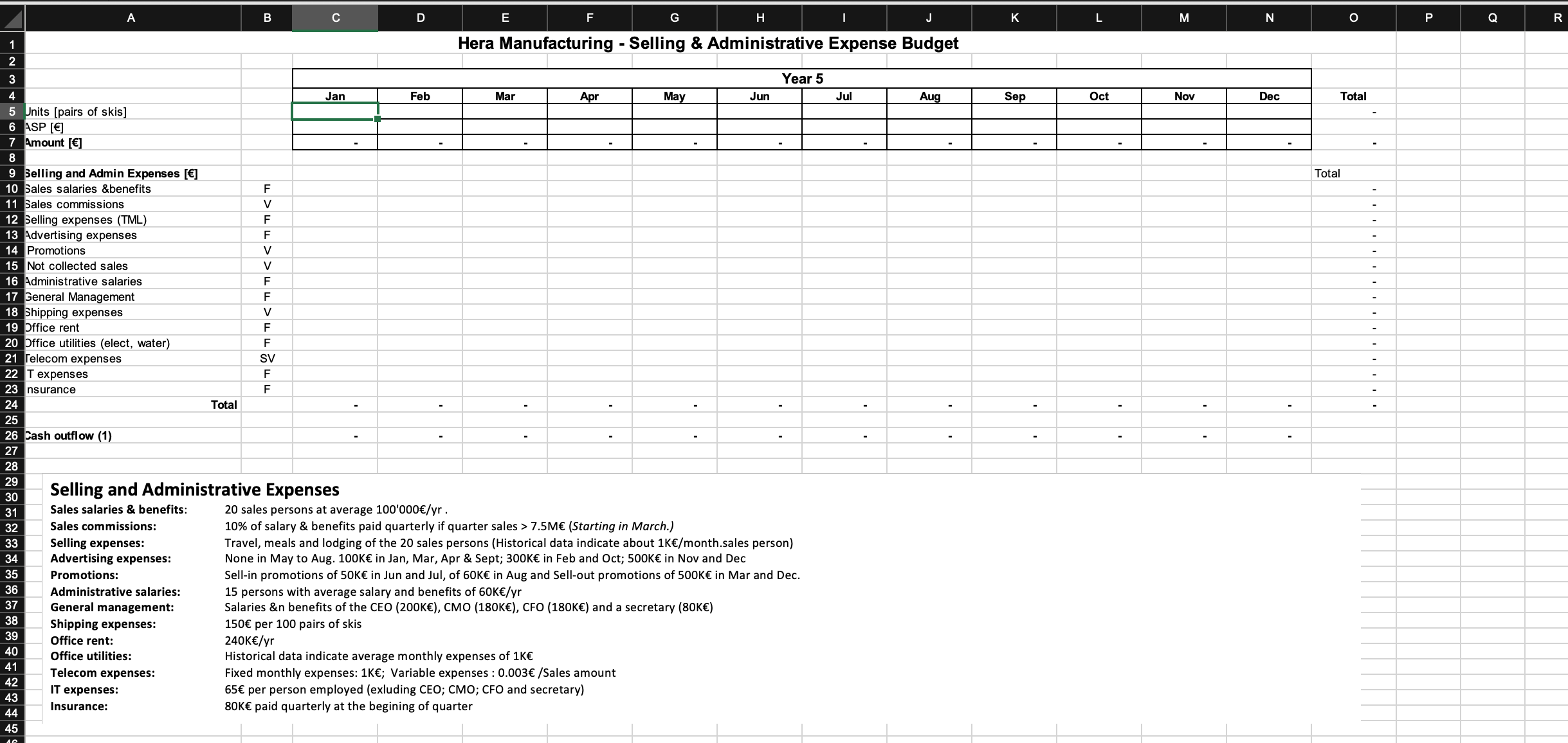 true, value if false)-Selling and Administrative Expense Budget,Sales Commission: =IF (SUM (C7:E7)>7500000;0.1*SUM(C10:E10),0)