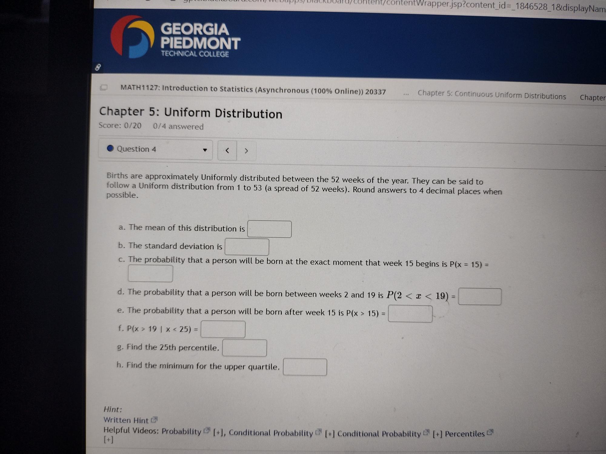 MATH1127: Introduction to Statistics (Asynchronous (100% Online)) 20337 Chapter 5: Uniform