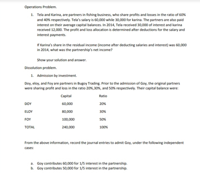 please answer this one Operations Problem. 1. Tela and Karina, are partners