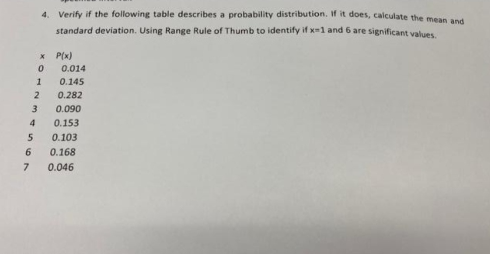  4. Verify if the following table describes a probability distribution. If