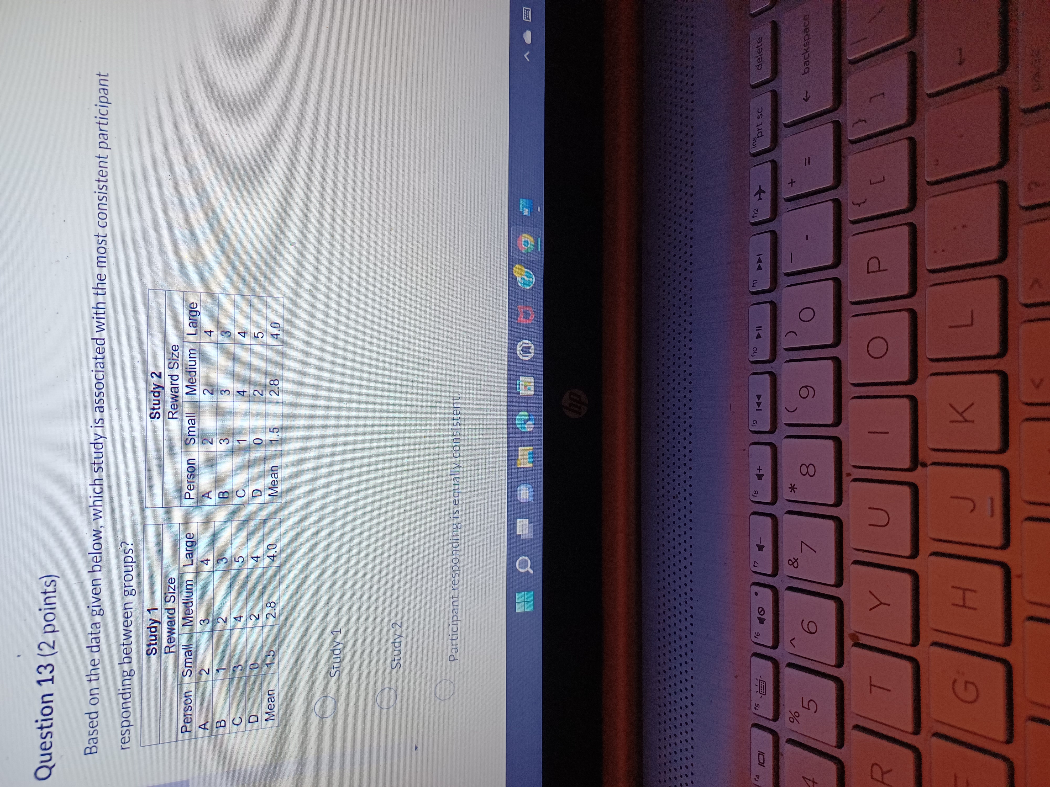  Question 13 (2 points) Based on the data given below, which