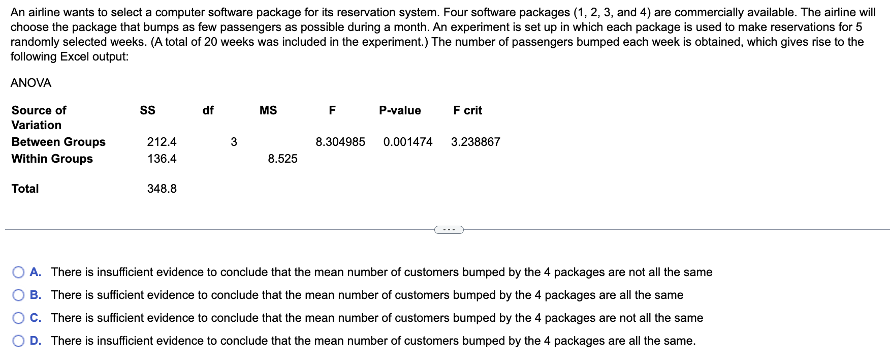 An airline wants to select a computer software package for its
