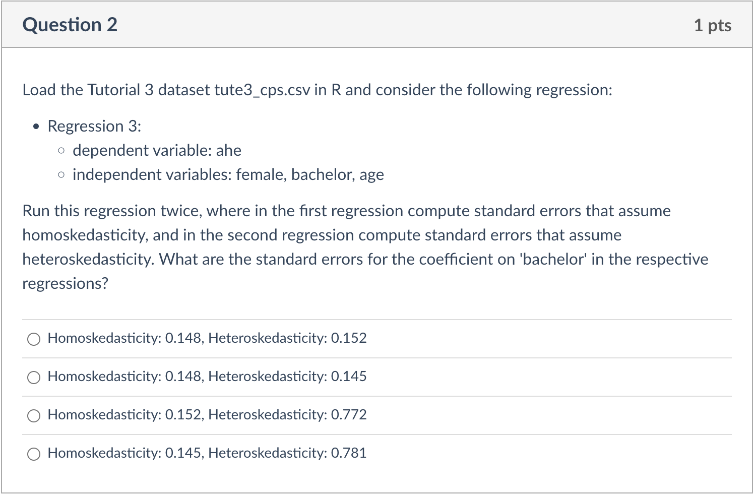 Question 2 1 pts Load the Tutorial 3 dataset tute3_cps.csv in