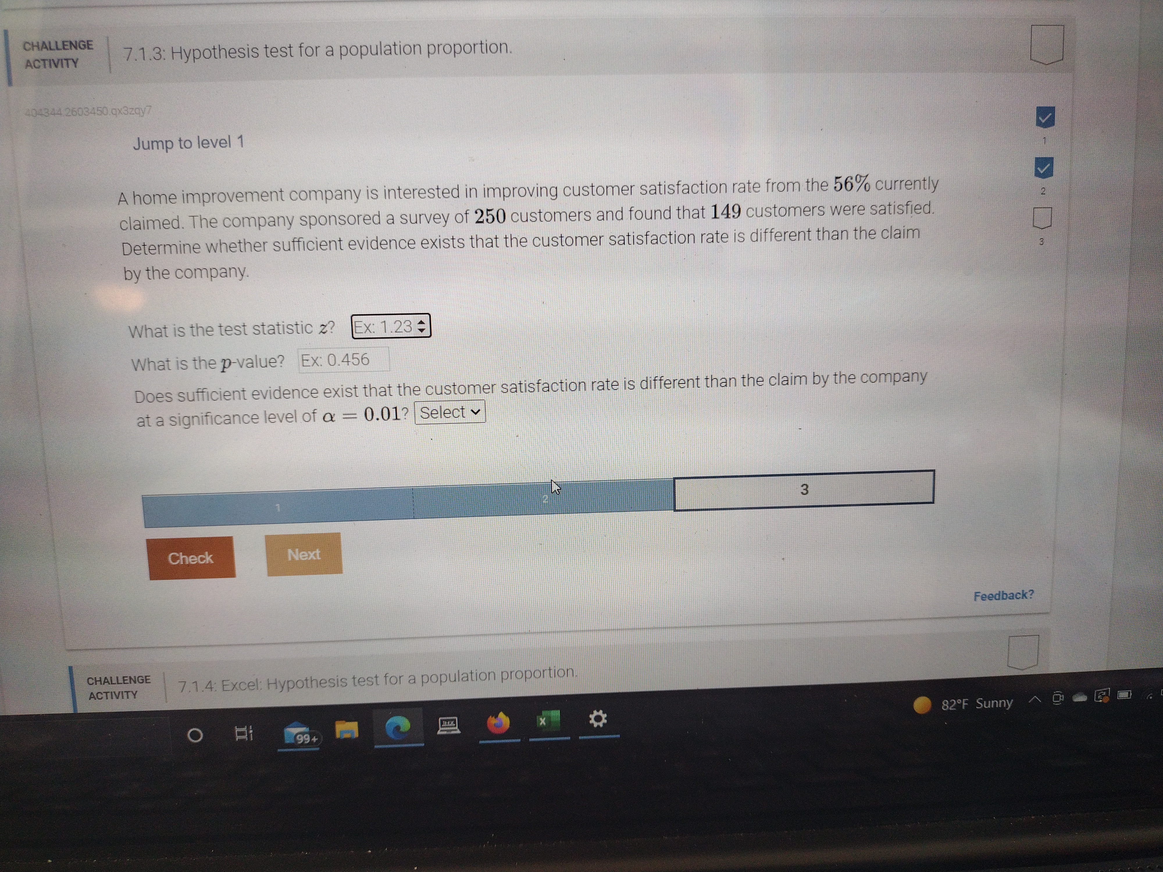  CHALLENGE ACTIVITY 7.1.3: Hypothesis test for a population proportion. 404344 2603450.qx3zgy7