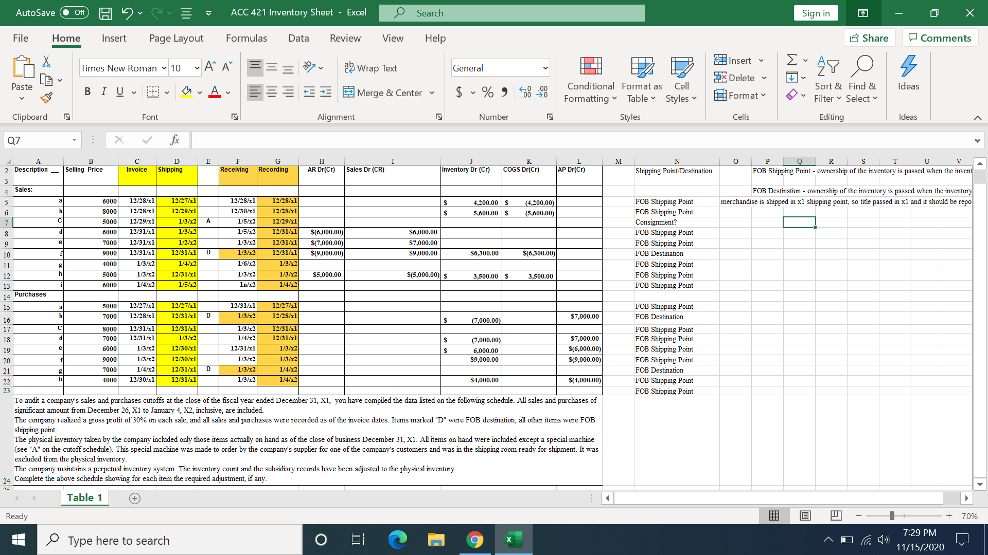 AutoSave . Off ACC 421 Inventory Sheet - Excel O Search