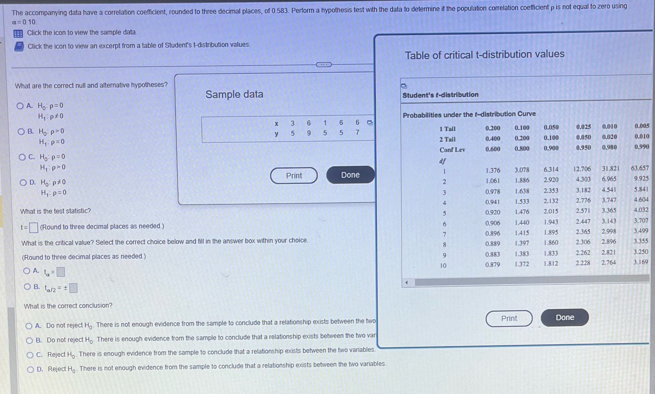 39 The accompanying data have a correlation coefficient, rounded to three decimal