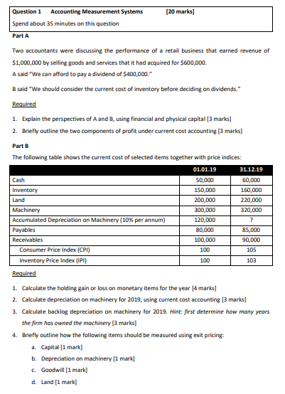 please find question Question 1 Accounting Measurement Systems [20 marks] Spend about