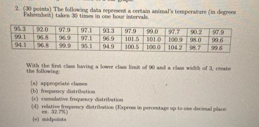 2. (30 points) The following data represent a certain animal's temperature