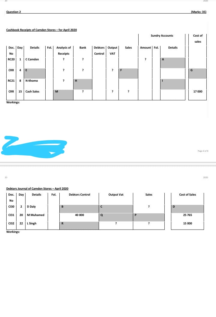 2020 Doc. Day Details Fol. Debtors Control Output Vat Sales Cost of