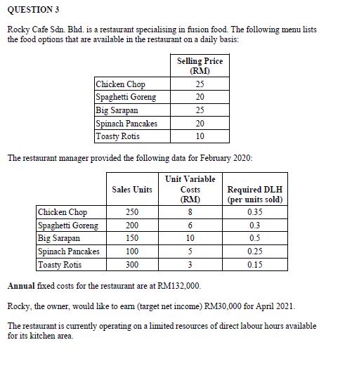 QUESTION 3 Rocky Cafe Sdn. Bhd. is a restawant specialising in Nision