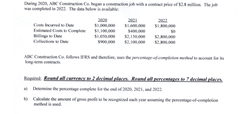 Can you Please explain me that Problem? Thanks! During 2020, ABC Construction