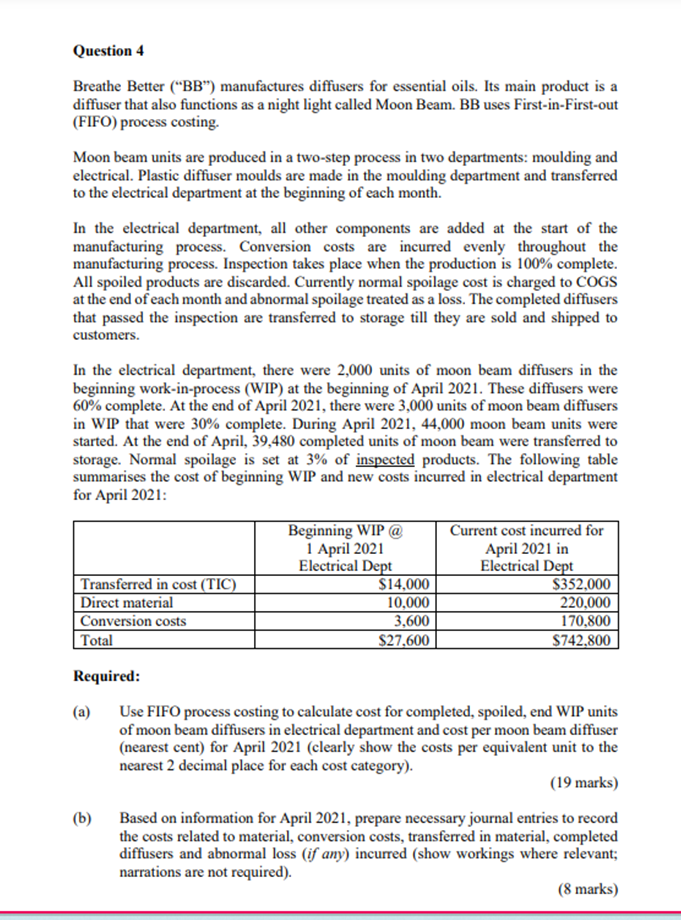 Question 4 Breathe Better ("BB") manufactures diffusers for essential oils. Its main