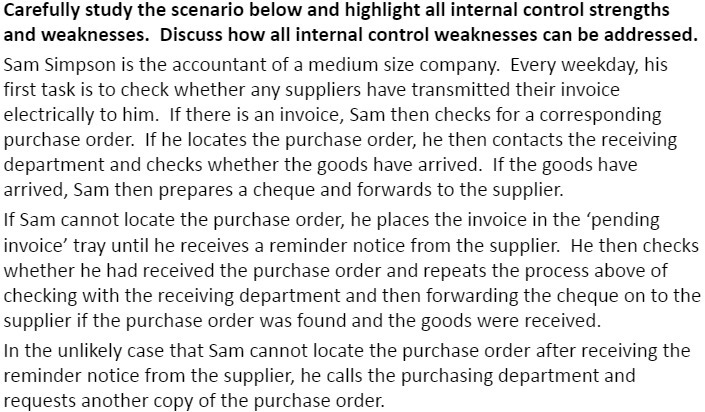 Carefully study the scenario below and highlight all internal control strengths