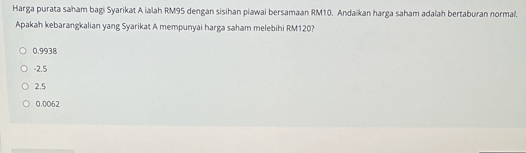 Harga purata saham bagi Syarikat A ialah RM95 dengan sisihan piawai bersamaan