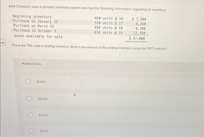  AAA Company uses a periodic inventory system and has the following