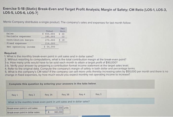  Exercise 5-18 (Static) Break-Even and Target Profit Analysis; Margin of Safety;