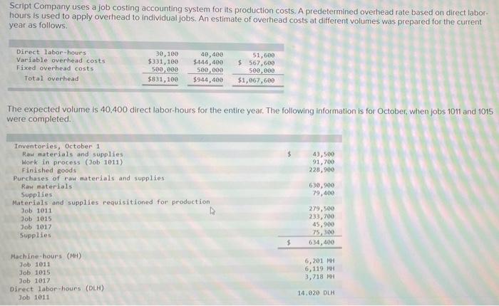  Script Company uses a job costing accounting system for its production
