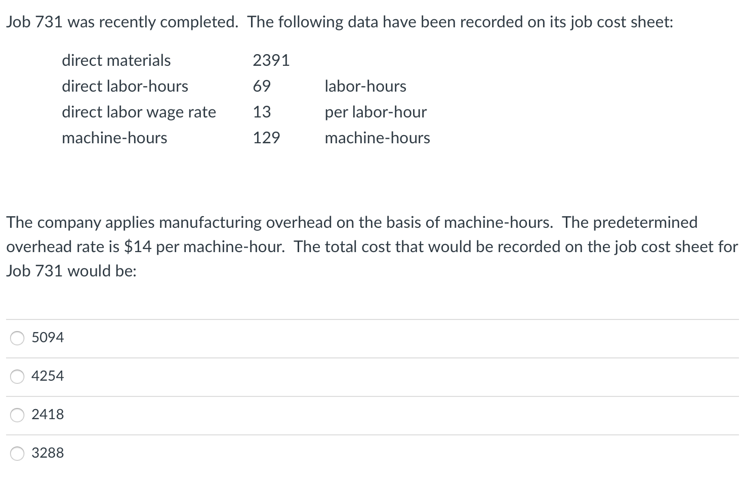  Job 731 was recently completed. The following data have been recorded