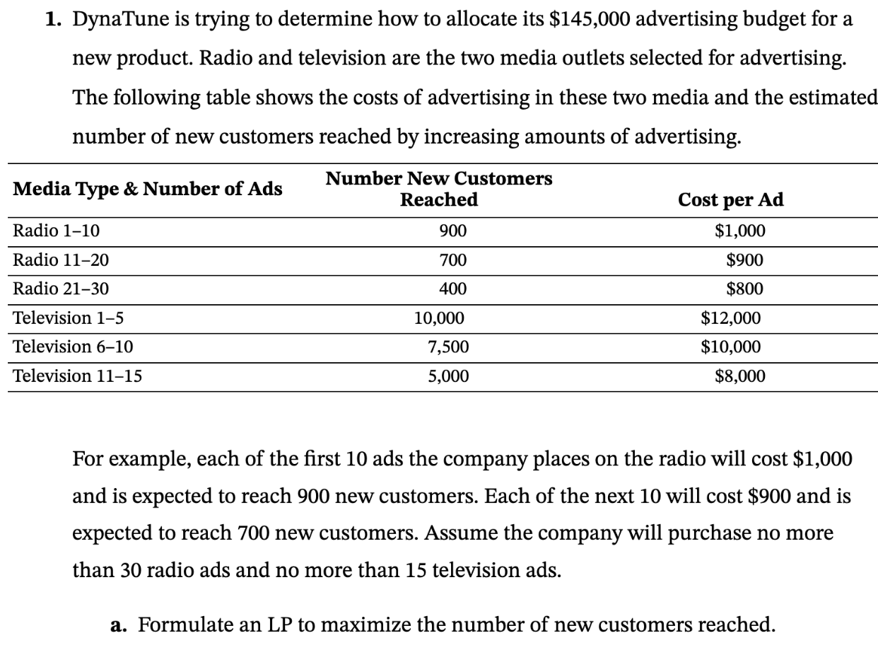  1. DynaTune is trying to determine how to allocate its $145