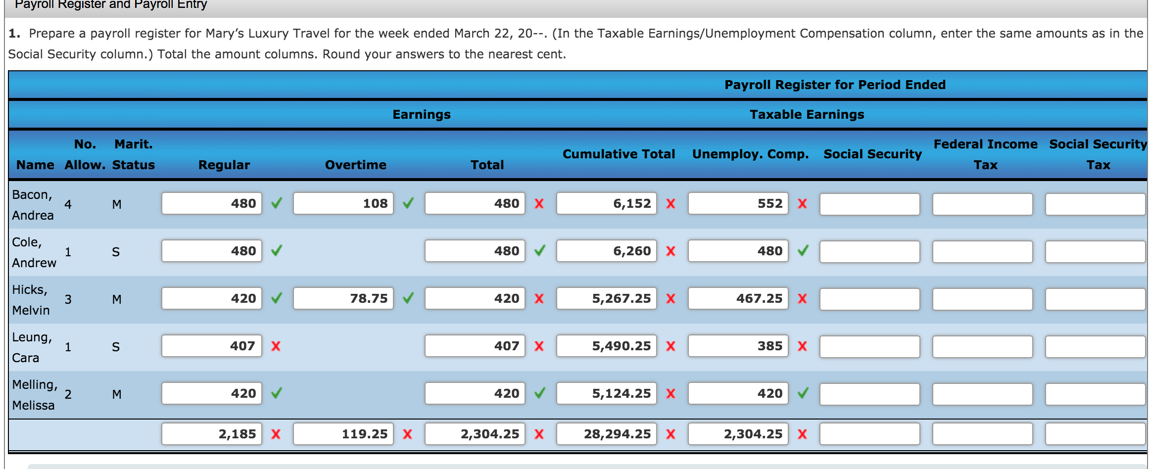Please fully answer this question. 1. Prepare a payroll register for Mary's