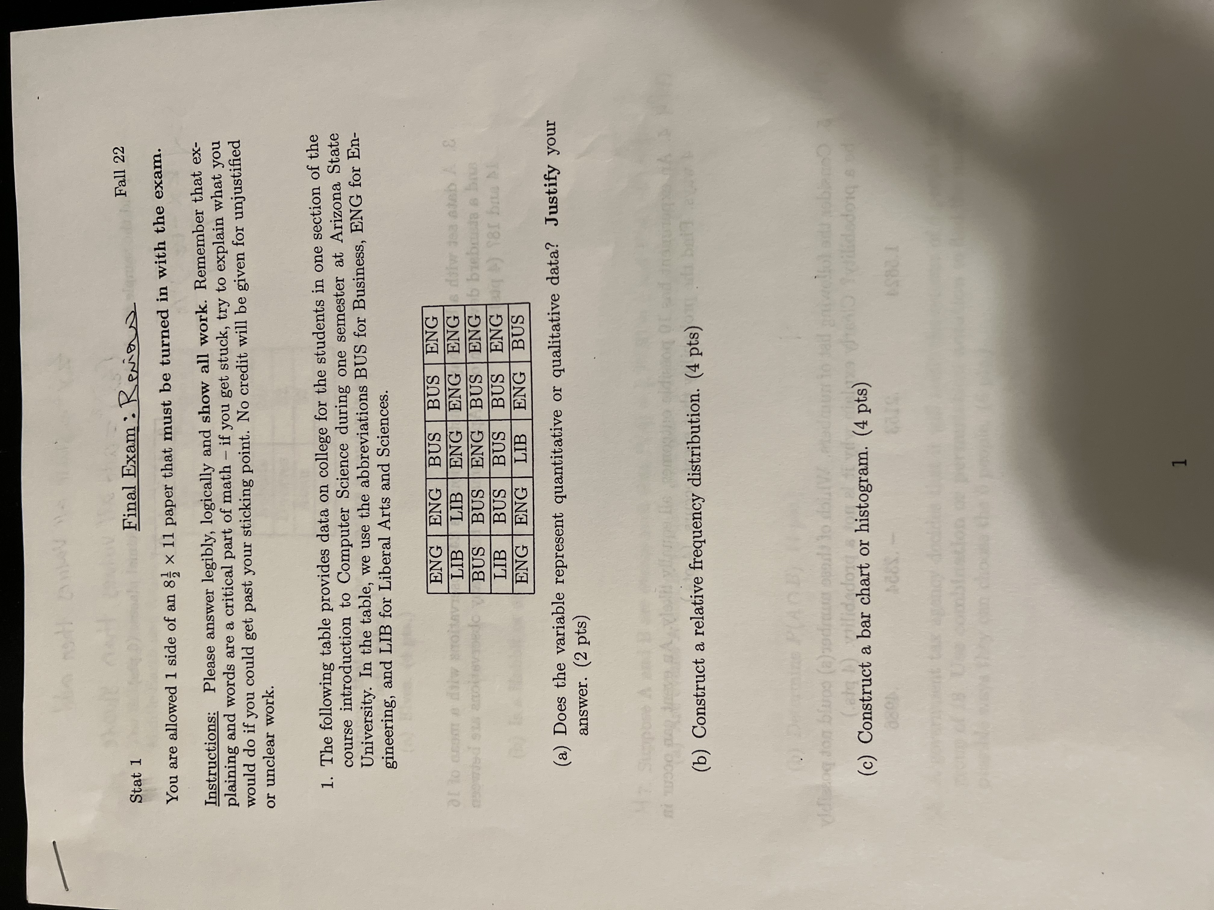  Stat 1 Final Exam : Bevins Fall 22 You are allowed