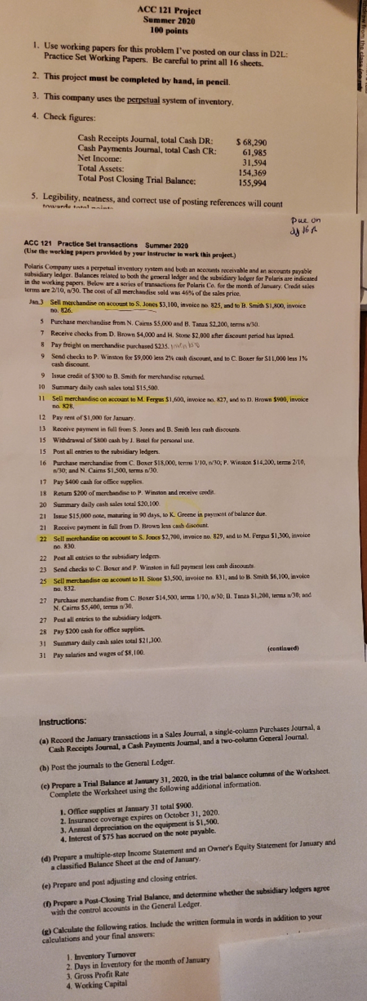 Help me solve this please, step by step ACC 121 Project Summer