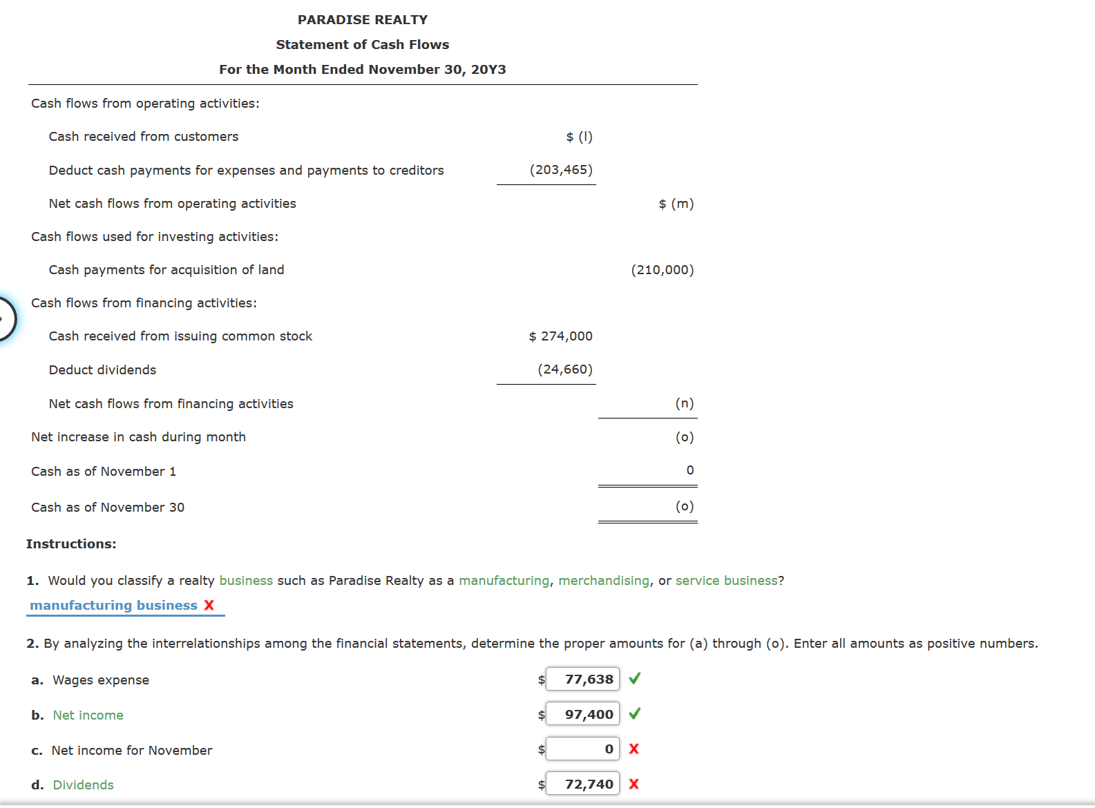 Statement For the Month Ended November 30, 20Y3 Fees earned Operating expenses: