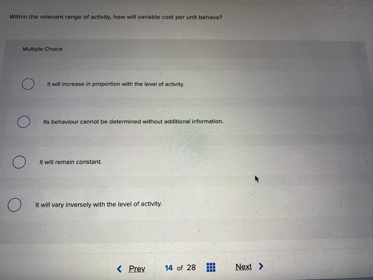 Accounting Within the relevant range of activity, how will variable cost per
