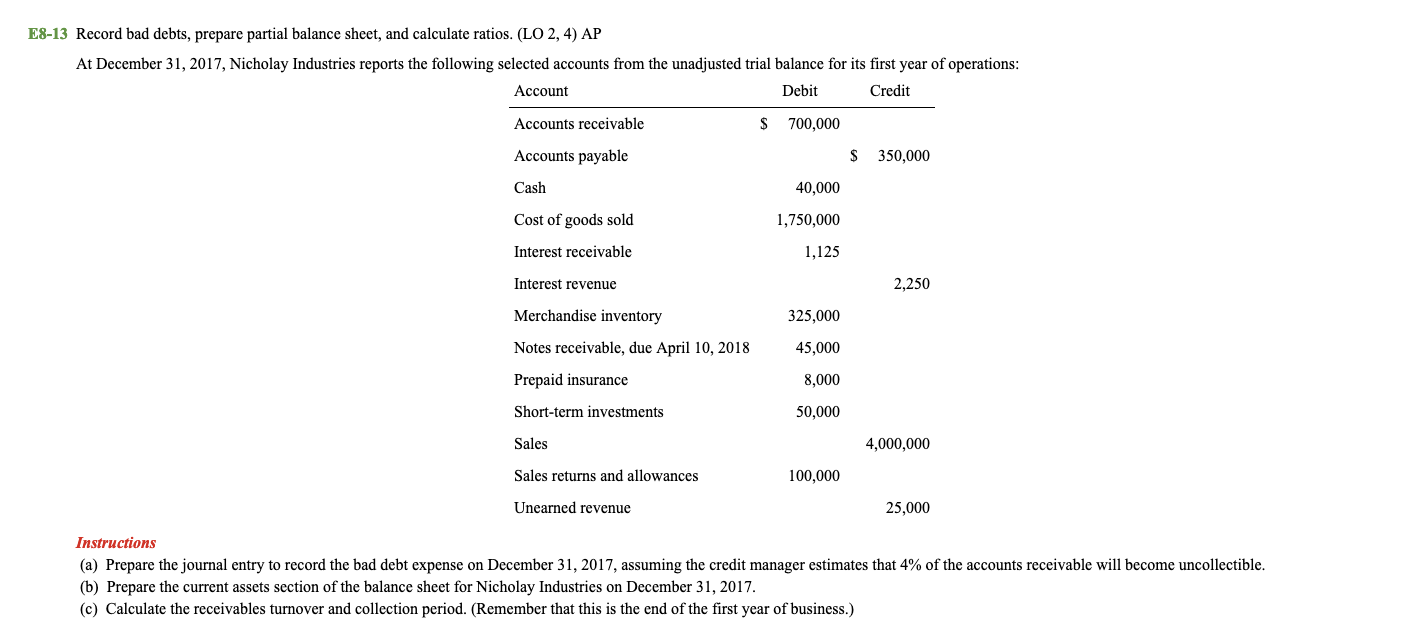 ------------------------------------ E8-13 Record bad debts, prepare partial balance sheet, and calculate ratios.