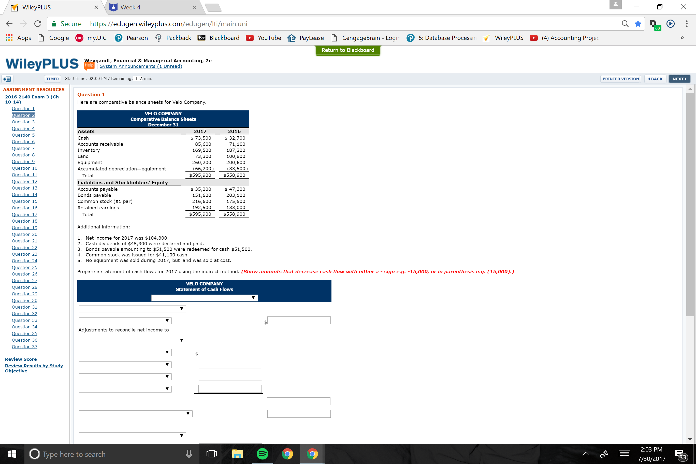 Prepare a statement of cash flows for 2017 using the indirect method.