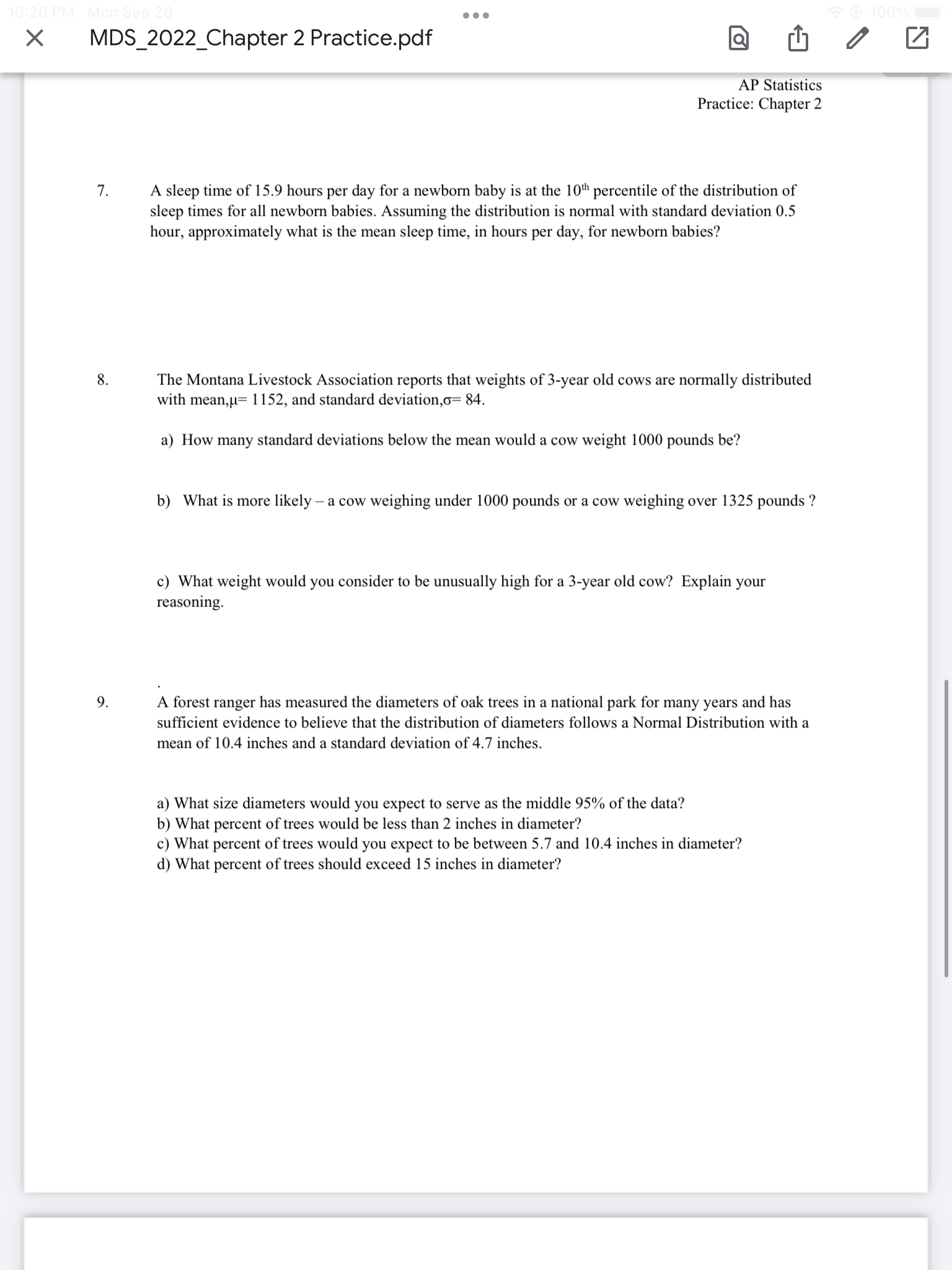  0.. X MDS_2022_Chapter2Practicepdf @ I'll / E AP Statistics Practice: Chapter