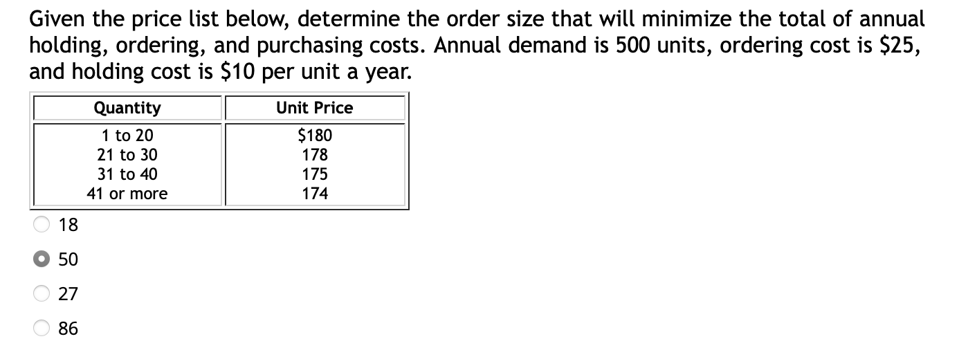 Given the price list below, determine the order size that will