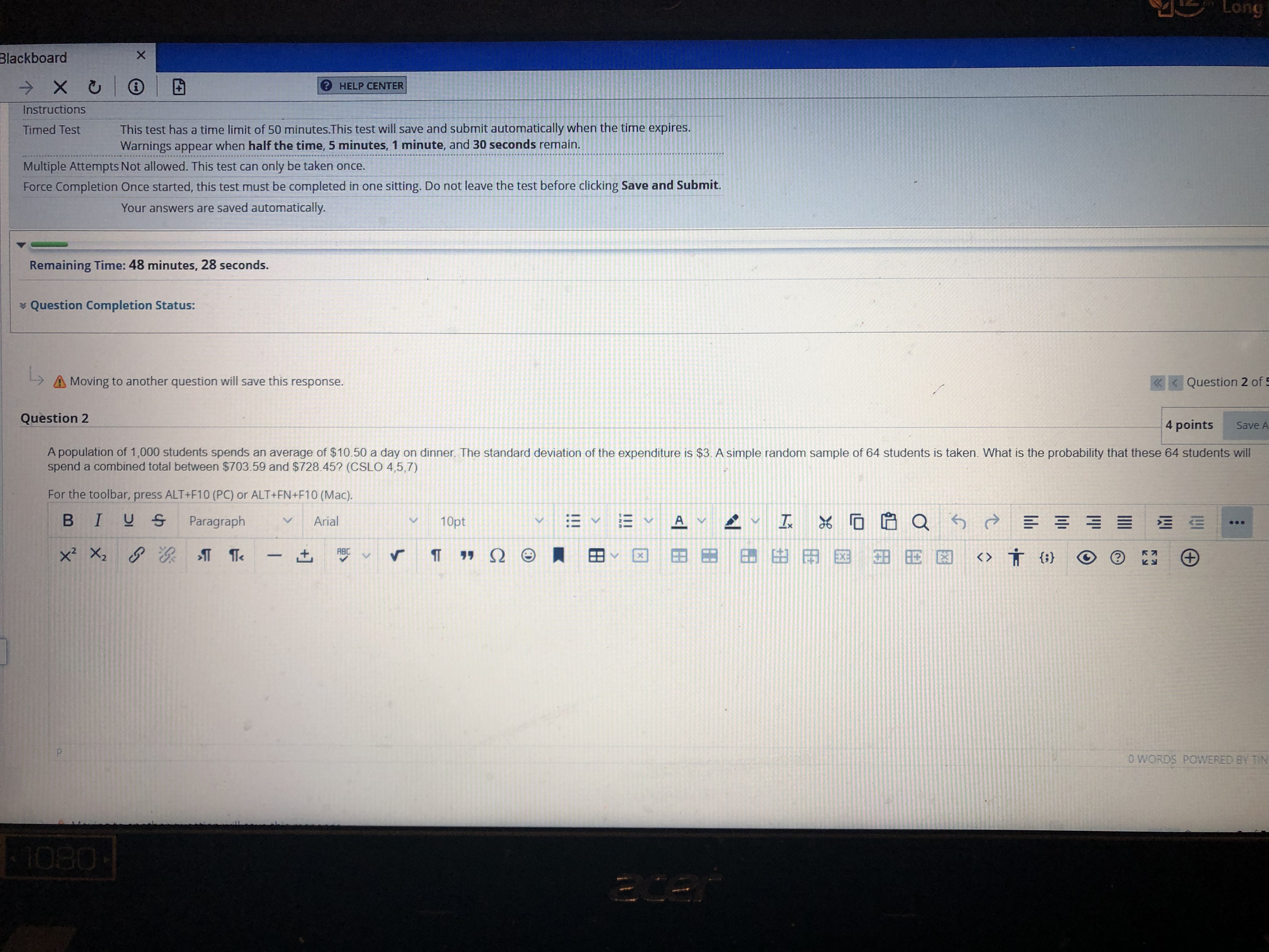  Blackboard X HELP CENTER Instructions Timed Test This test has a