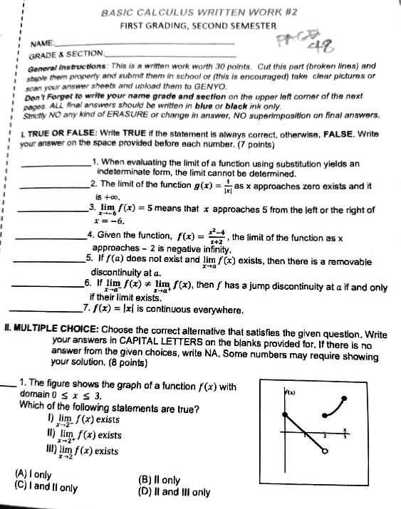  BASIC CALCULUS WRITTEN WORK #2 FIRST GRADING, SECOND SEMESTER PAGE NAME.
