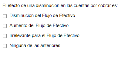 EI efecto de una disminucion en las cuentas por cobrar es Disminucion